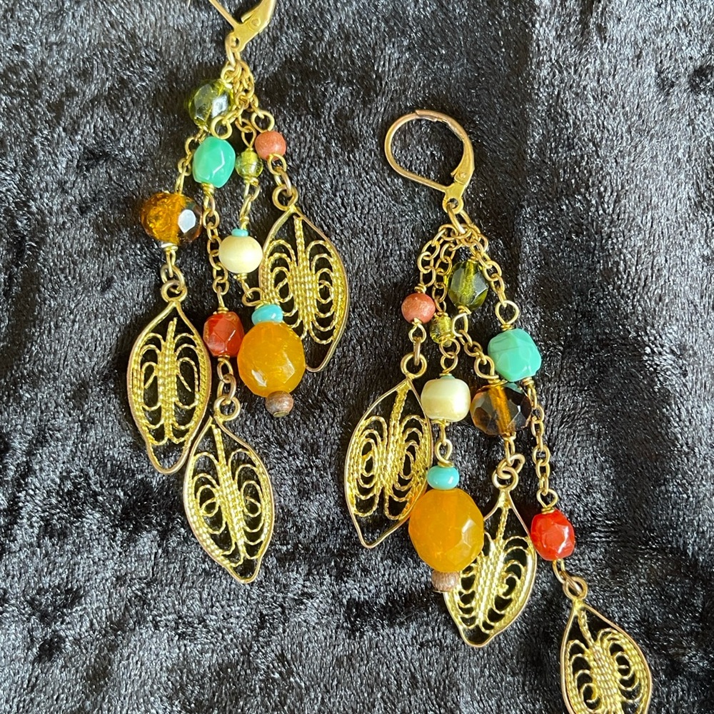 Bohemian Gold and Orange Chandelier Earrings
